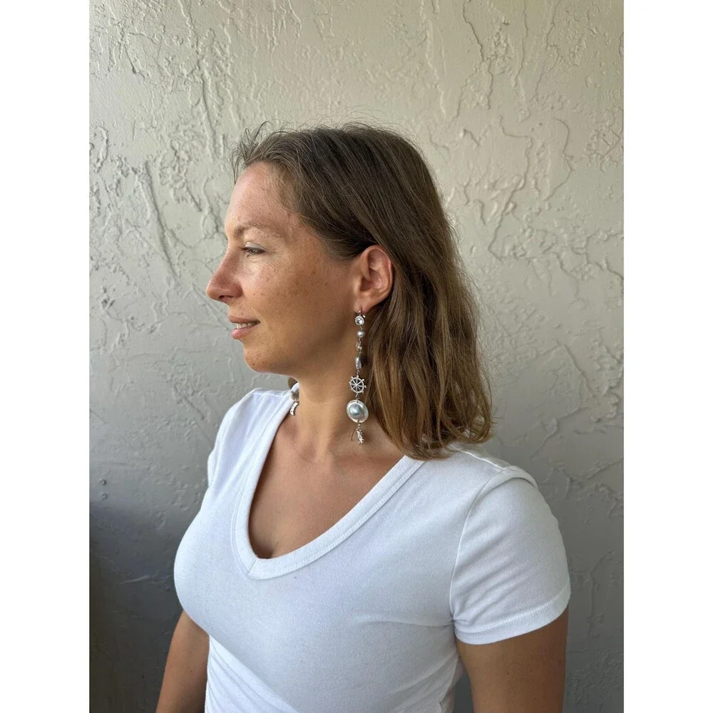 Extra Long Mabe Pearl Statement Earrings, Sea Gray Square & Round Pearls, Crysta